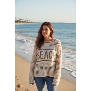 Vintage Havana Women's Beach Graphic Pullover Knit Sweater Cream Medium